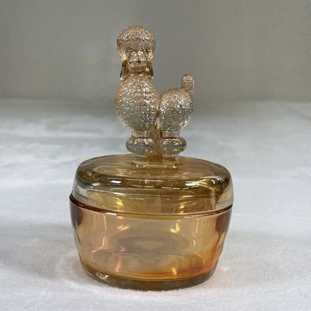 Vintage Jeanette Glass Iridescent Peach Lustre Poodle Dresser Box 6 1/2